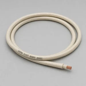 UL 5107 mica wire coiled product photo with braided glass covering and printed 600V 450C marking for German procurement cost evaluation