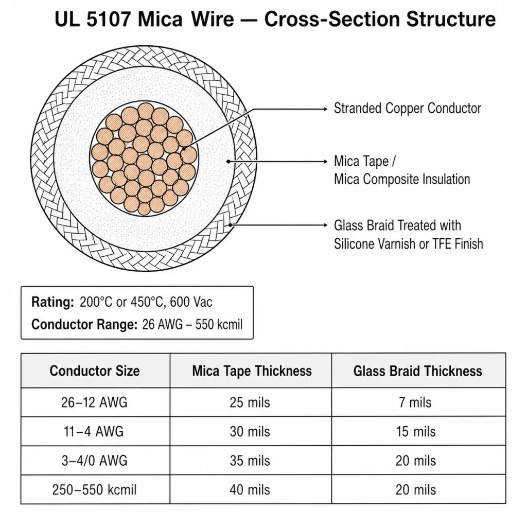 UL 5107 mica wire cross-section showing stranded copper conductor mica tape insulation and treated glass braid for 200C or 450C 600V high-temperature wire pricing