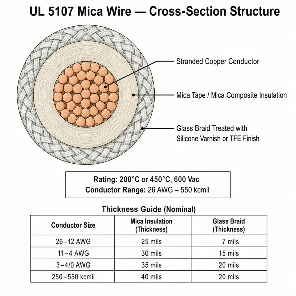 UL 5107 mica wire cross-section structure showing stranded copper conductor mica insulation and treated glass braid for 200C or 450C 600V high-temperature wiring