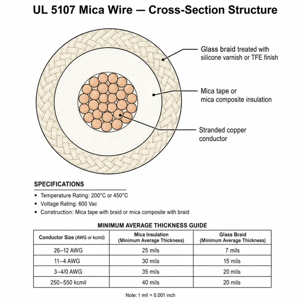 UL 5107 mica wire cross-section structure showing stranded copper conductor mica insulation and treated glass braid