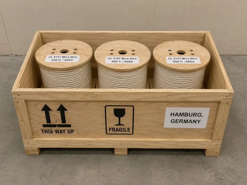 UL 5107 mica wire export packaging with wooden spools in shipping crate for delivery from China to Hamburg Germany