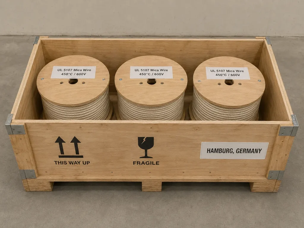 UL 5107 mica wire export packaging with wooden spools in shipping crate for Hamburg Germany