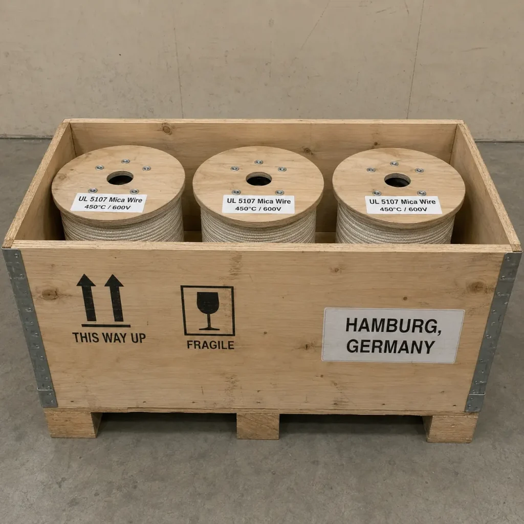 UL 5107 mica wire export packing with wooden spools in shipping crate for Hamburg Germany and German procurement cost planning