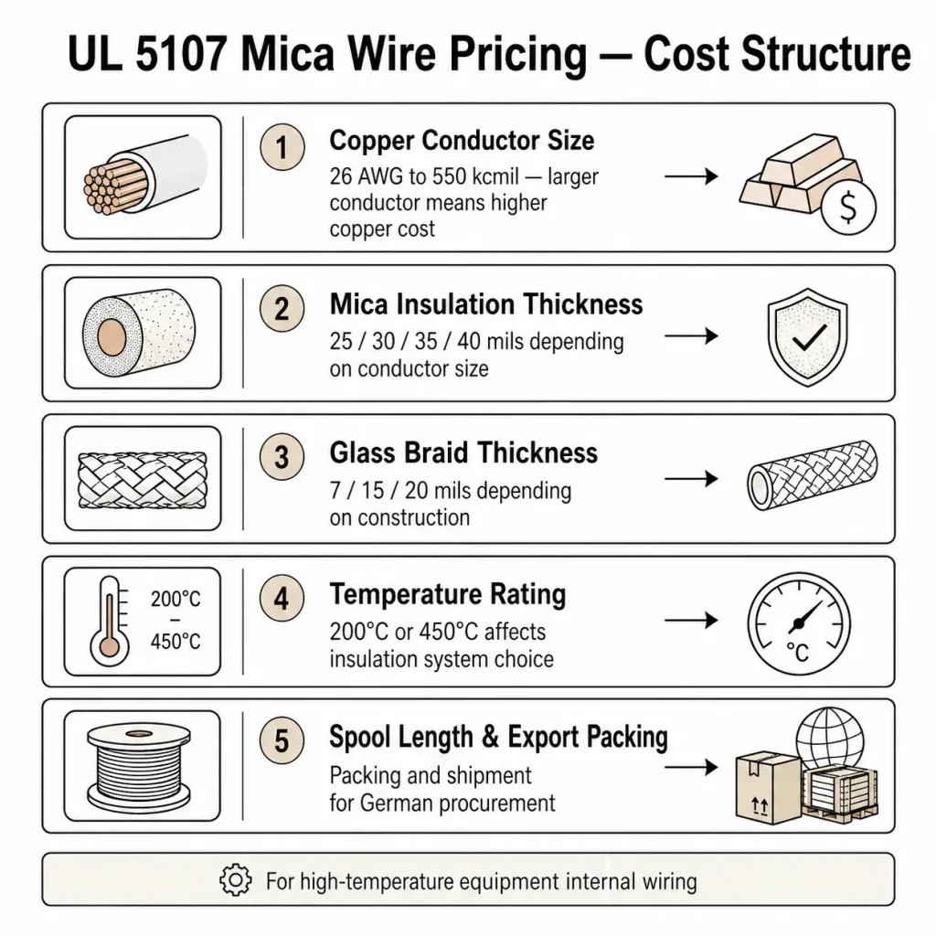 UL 5107 mica wire pricing cost structure showing copper conductor size mica insulation thickness glass braid thickness temperature rating and export packing factors