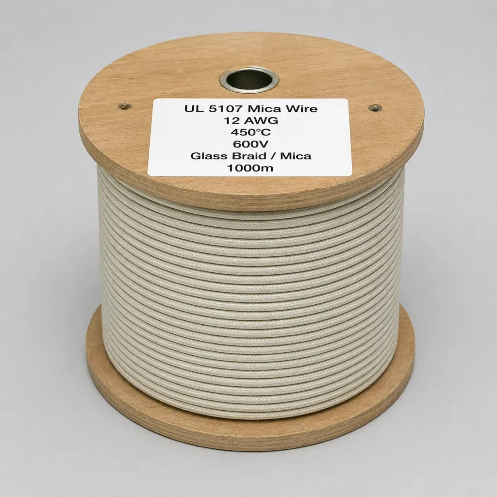UL 5107 mica wire on wooden spool labeled 12 AWG 450C 600V with glass braid and mica insulation for supplier quotation and pricing review