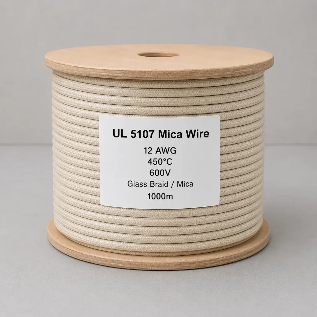 UL 5107 mica wire on wooden spool labeled 12 AWG 450C 600V with glass braid and mica insulation