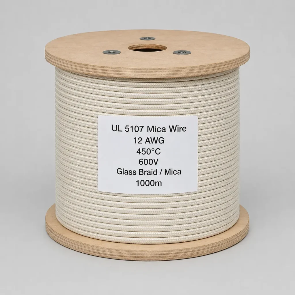 UL 5107 mica wire on wooden spool labeled 12 AWG 450C 600V with glass braid and mica insulation for industrial supply