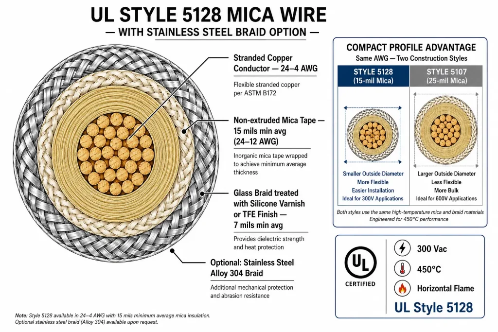 UL Style 5128 cross-section diagram mica glass braid stainless steel 304 braid 450°C