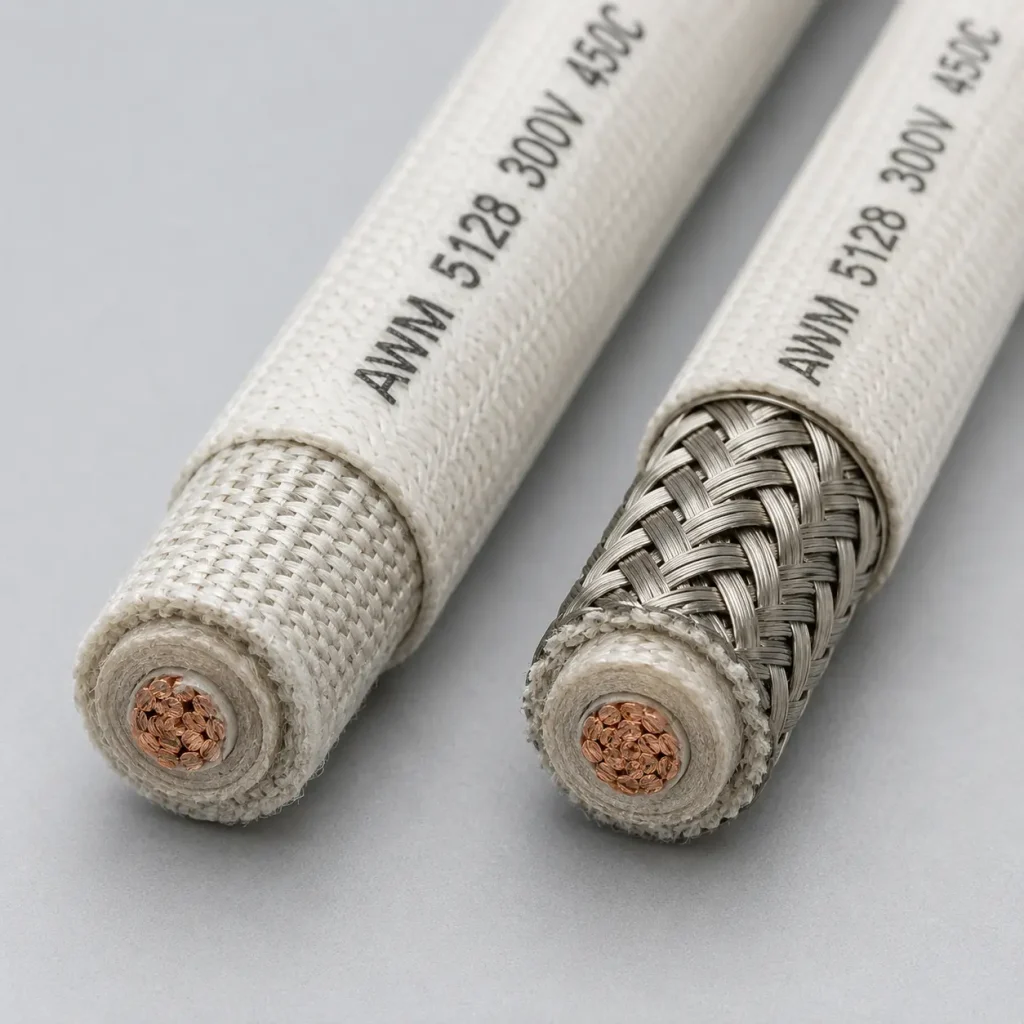 Close-up cross-section photo of UL 5128 mica wire showing copper conductor inner mica insulation treated glass braid outer layer and optional stainless steel braid shield