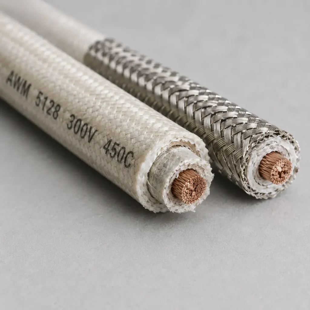 Close-up cross-section photo of UL 5128 mica wire showing copper conductor mica insulation glass braid outer layer and optional stainless steel braid shield