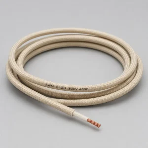 UL 5128 mica wire coiled product photo with treated glass braid outer covering and printed 300V 450C marking for high-temperature industrial wiring