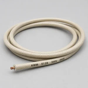 UL 5128 mica wire coiled product photo with treated glass braid outer covering and printed 300V 450C marking