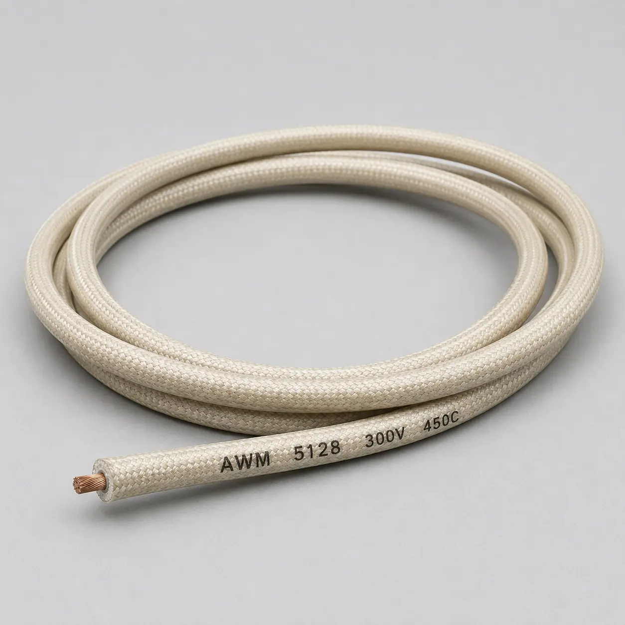 UL 5128 mica wire coiled product photo with treated glass braid outer covering and printed 300V 450C marking