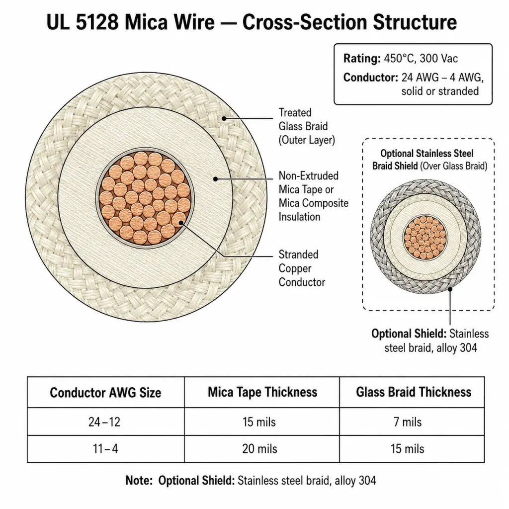 UL 5128 mica wire cross-section structure showing copper conductor mica tape insulation treated glass braid and optional stainless steel shield for 450C 300V applications