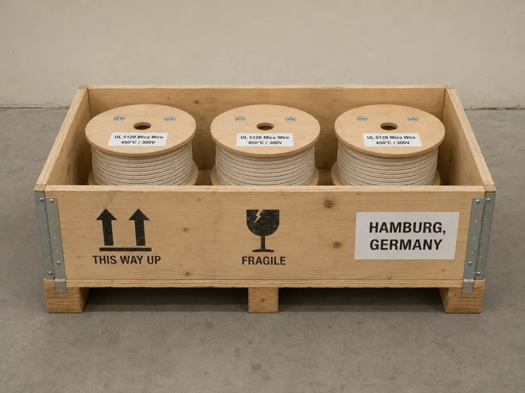 UL 5128 mica wire export packaging with wooden spools in shipping crate for delivery to Hamburg Germany