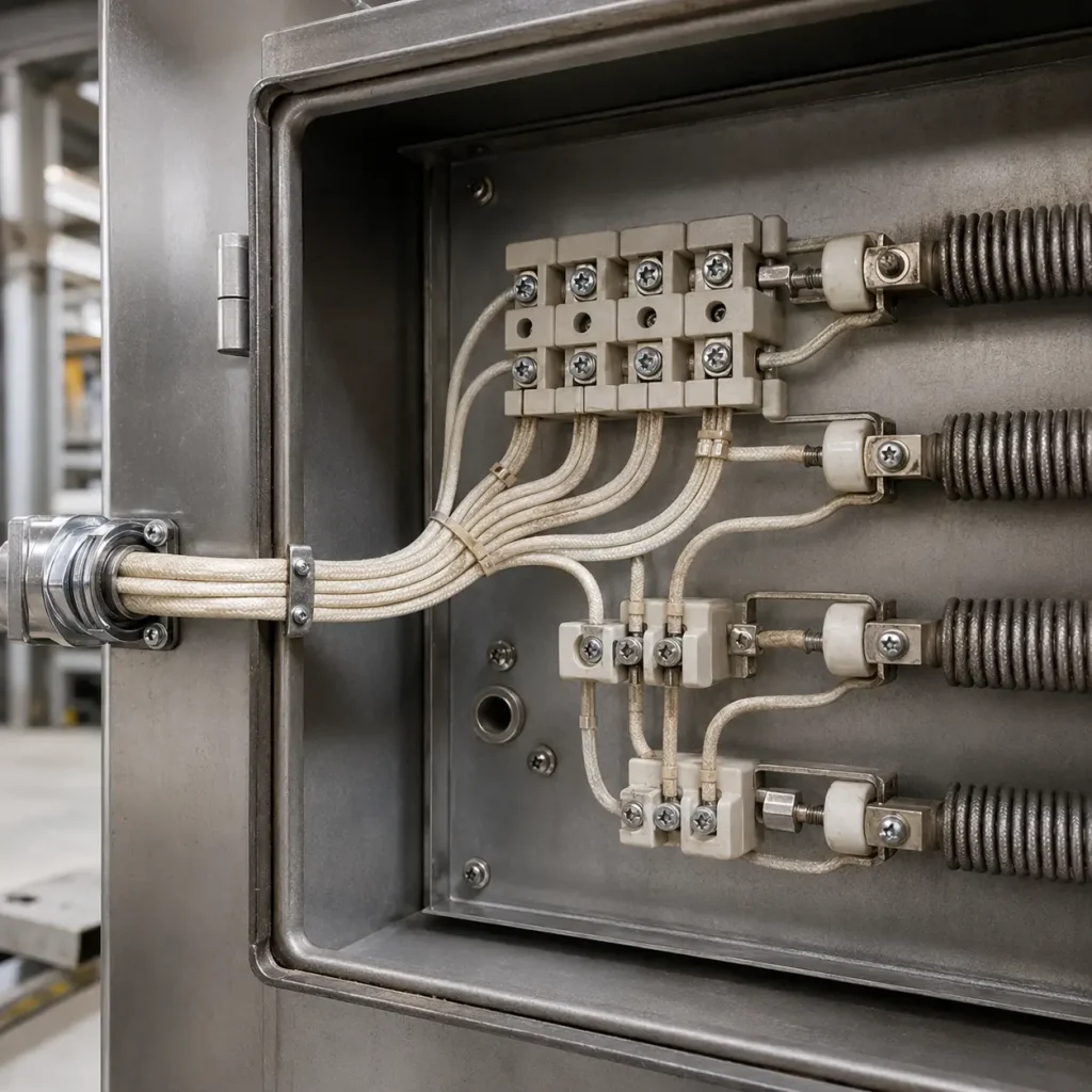 UL 5128 mica wire used for internal wiring of high-temperature equipment with multi-conductor routing and protected terminal connections