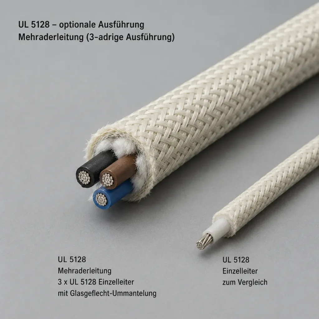 UL 5128 mica wire multi-conductor assembly option showing three insulated conductors cabled together with fiberglass fillers and overall treated glass braid