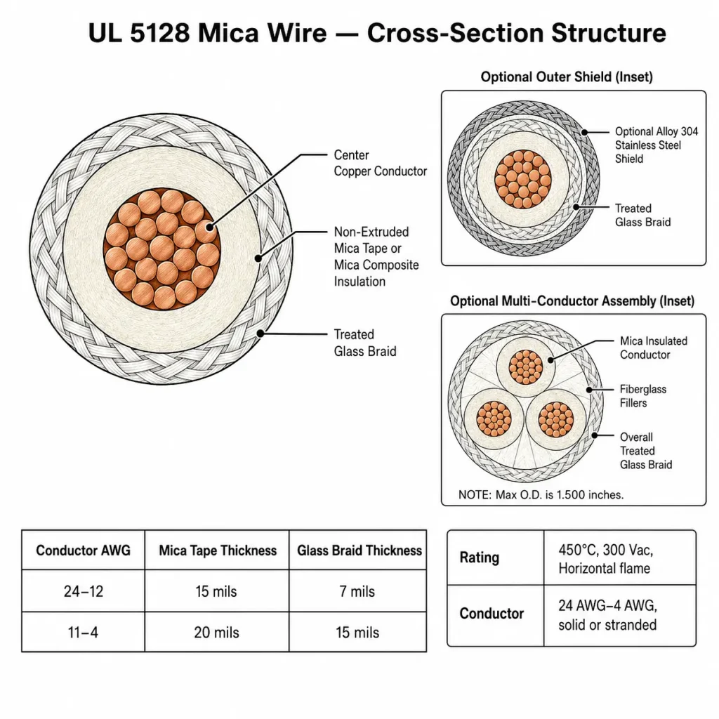 UL 5128 mica wire cross-section structure showing copper conductor mica tape insulation treated glass braid optional stainless steel shield and optional multi-conductor assembly