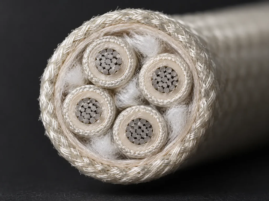 Macro cut face of a UL 5128 multi-core assembly showing braided mica conductors, fillers, binder and overall braid