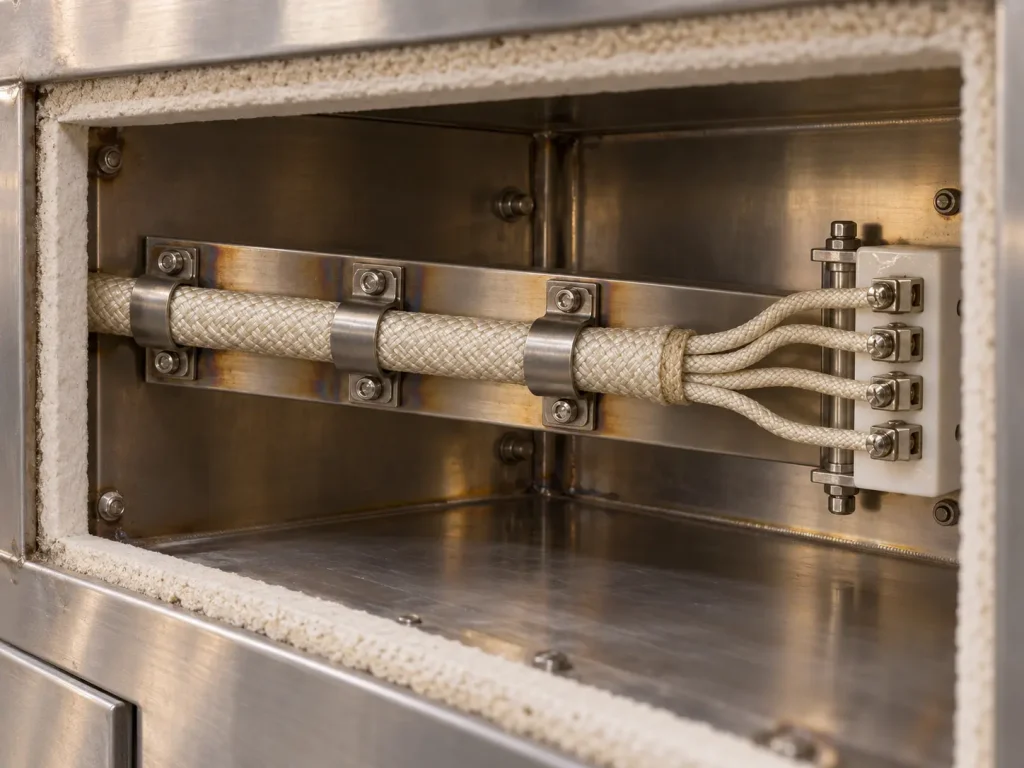 UL 5128 multi-core mica cable fixed on a protected internal route and fanned out to ceramic terminals