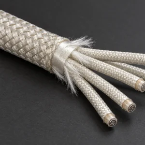 UL 5128 multi-core mica glass braid cable with the end opened to show individual braided conductors
