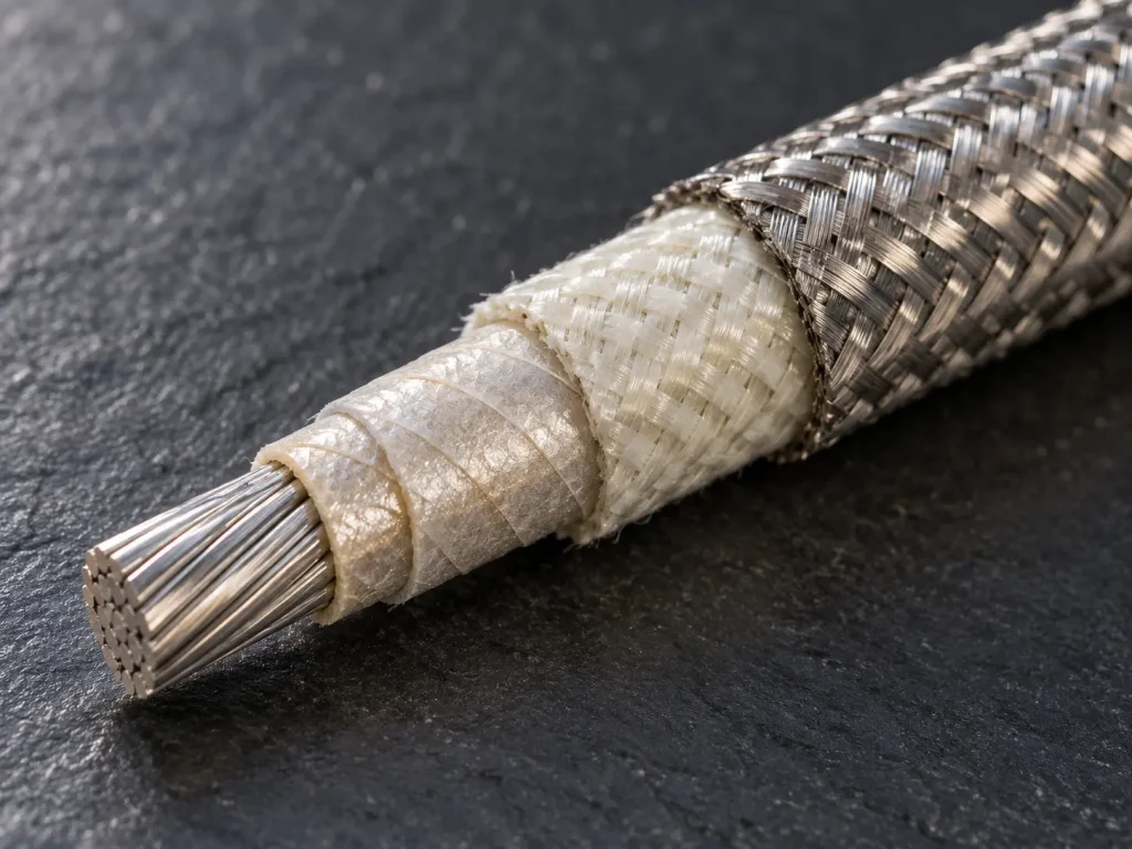 Macro four-step strip of UL 5128 showing SS304 braid, treated glass braid, mica layers and conductor
