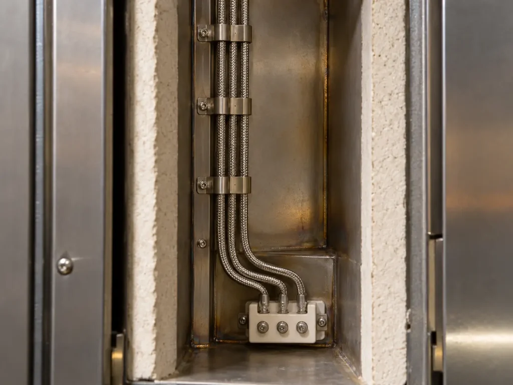 UL 5128 mica wire with optional SS304 braid fixed on a protected internal route in high-temperature equipment