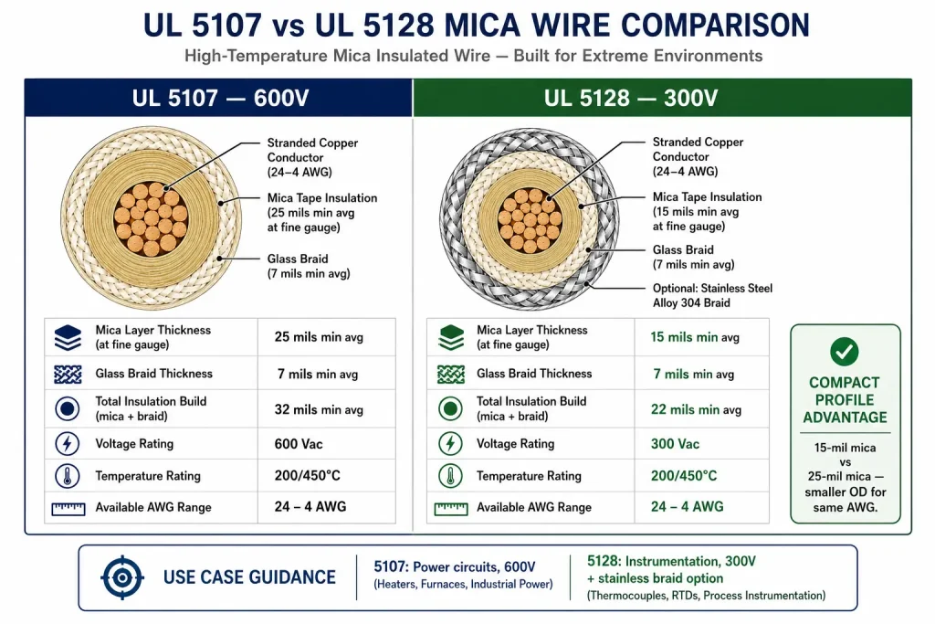UL 5128 300V vs UL 5107 600V mica wire insulation wall thickness comparison infographic