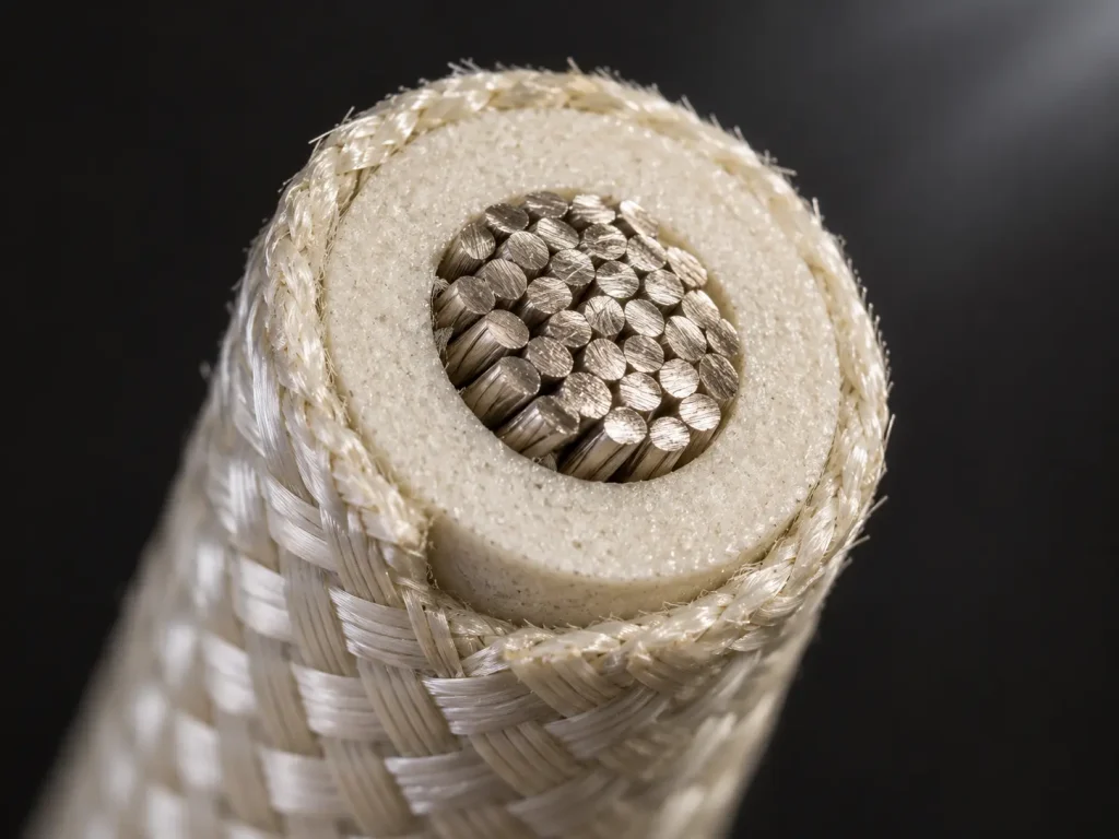 Macro cut face of UL 5334 11–4 AWG wire showing composite mica glass layer and treated glass braid