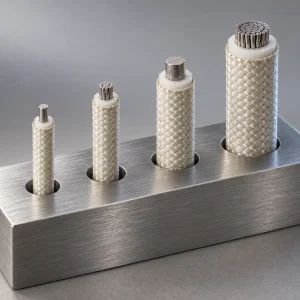 UL 5334 11–4 AWG mica glass wire sections standing upright in a perforated steel block