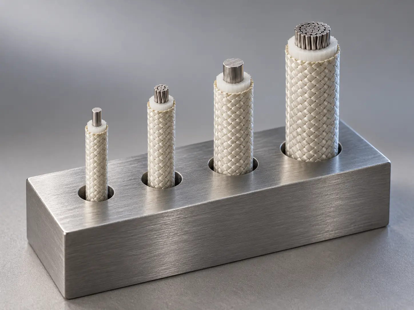UL 5334 11–4 AWG mica glass wire sections standing upright in a perforated steel block