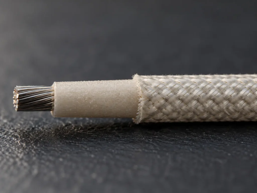 Macro side view of UL 5334 24–12 AWG wire with thin treated glass braid trimmed back over the composite mica glass layer