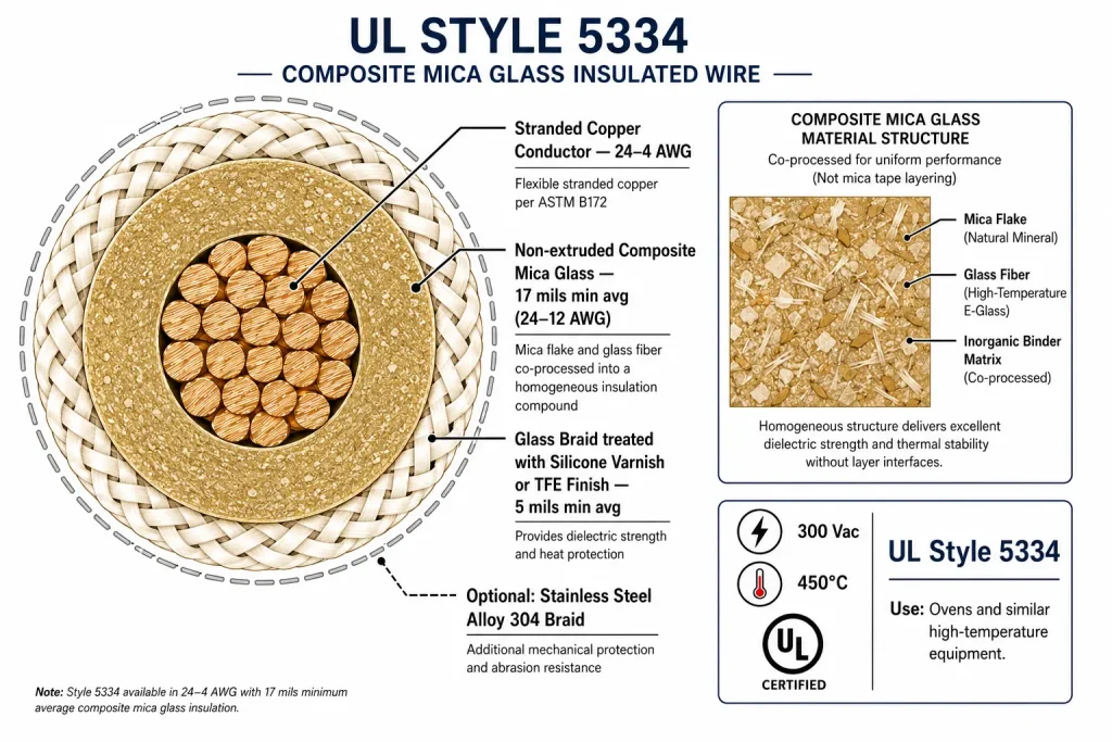 UL Style 5334 composite mica glass cross-section diagram 17mil 450°C 300V oven wire