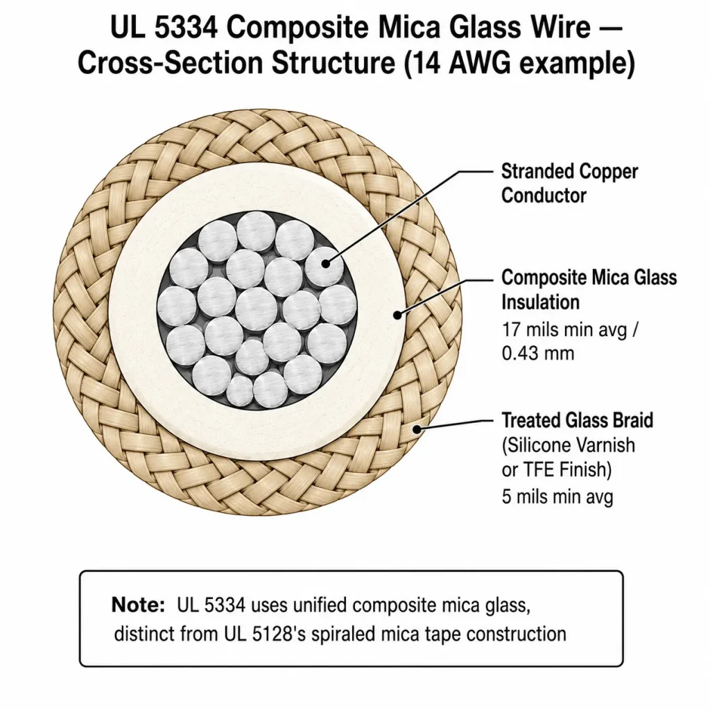 UL 5334 cross-section showing unified composite mica glass insulation distinct from mica tape