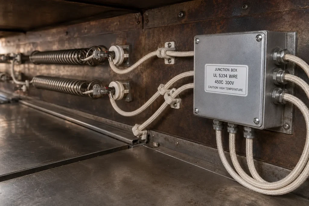UL 5334 wires connecting heating elements to junction box inside industrial bakery oven