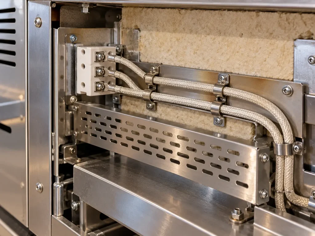 UL 5334 mica glass wire routed on a protected path inside an oven wiring compartment