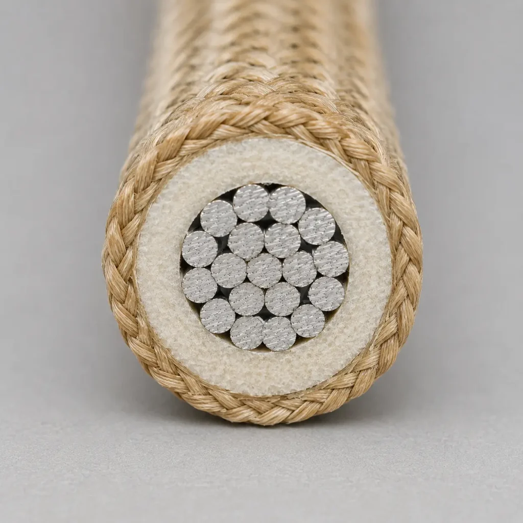 UL 5334 real macro cross-section showing unified composite mica glass and glass braid covering