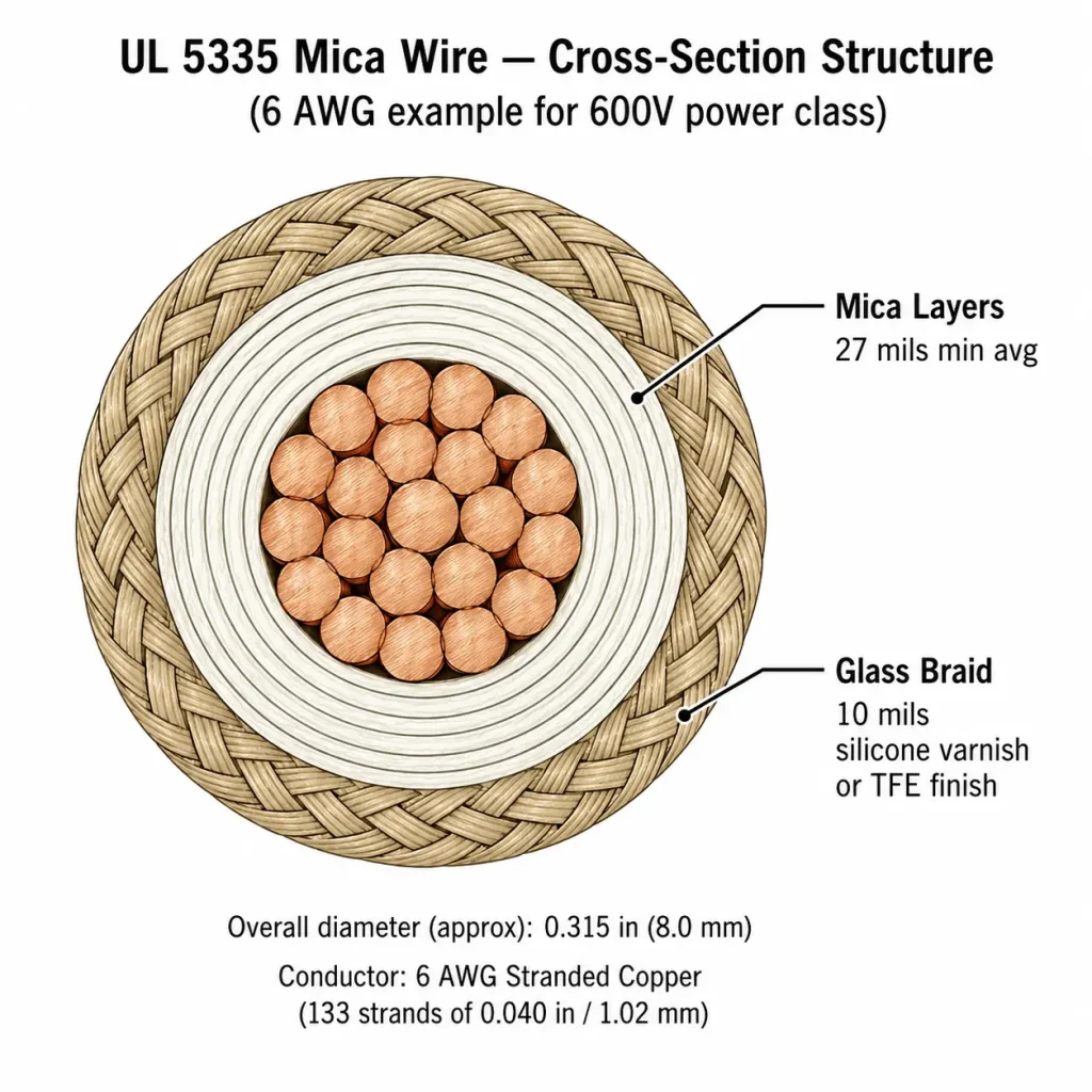 UL 5335 cross-section showing mica layers and glass braid for 600V power class