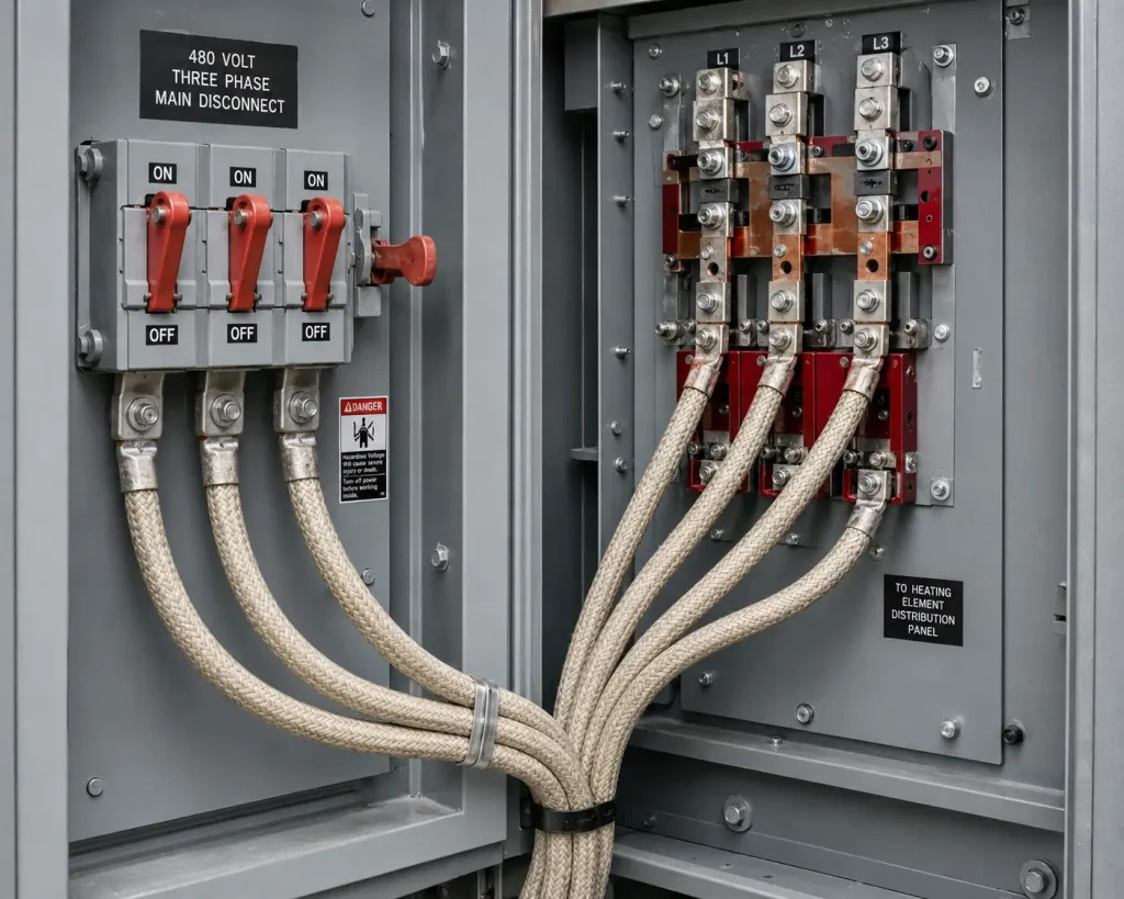 UL 5335 wires connecting 480V three-phase main to industrial heat treatment furnace