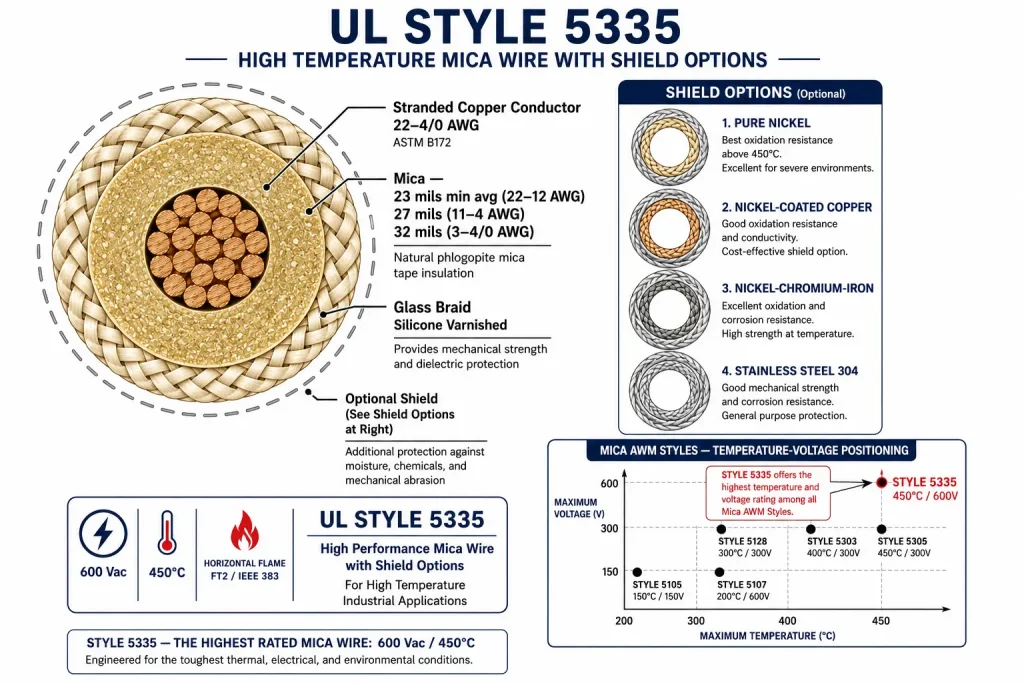 UL Style 5335 mica cross-section nickel nickel-copper nichrome stainless shield options