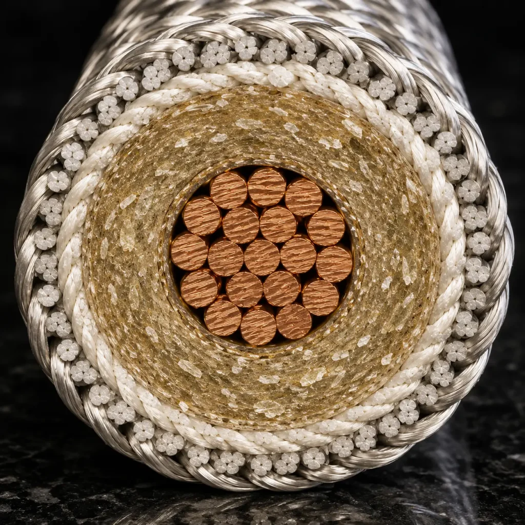 Macro cross-section UL 5335 mica 450°C 600V nickel alloy braid outer shield layer