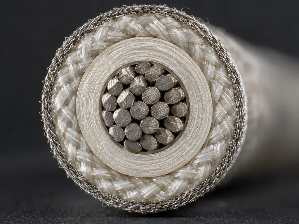 Macro cut face of UL 5335 wire showing optional fine-strand shield, treated glass braid, mica and stranded conductor