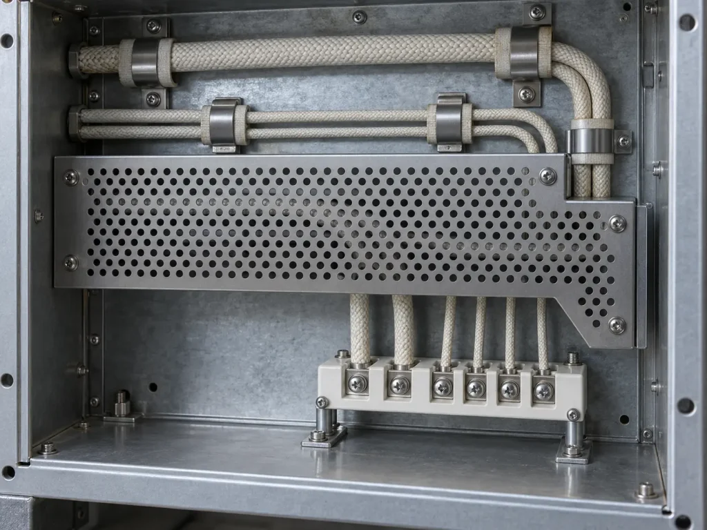 UL 5335 mica wire routed behind a guard for protected internal wiring inside an equipment enclosure