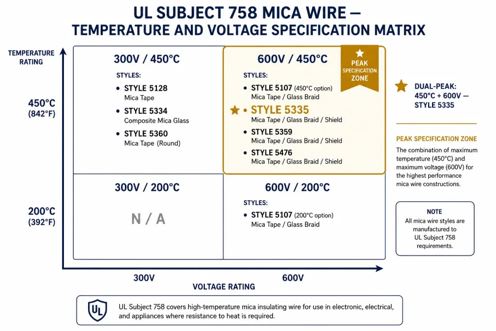 UL mica wire temperature voltage specification matrix 300V 600V 200°C 450°C styles