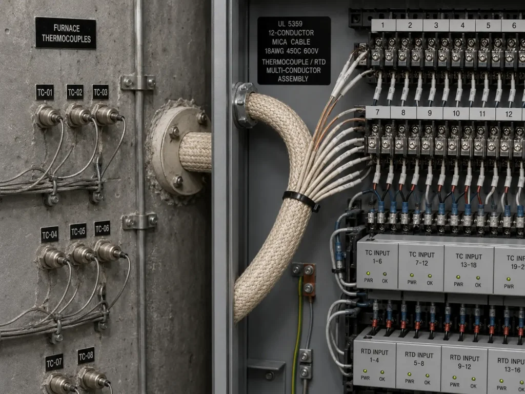 UL 5359 multi-conductor cable in industrial furnace control panel with fanned-out terminations
