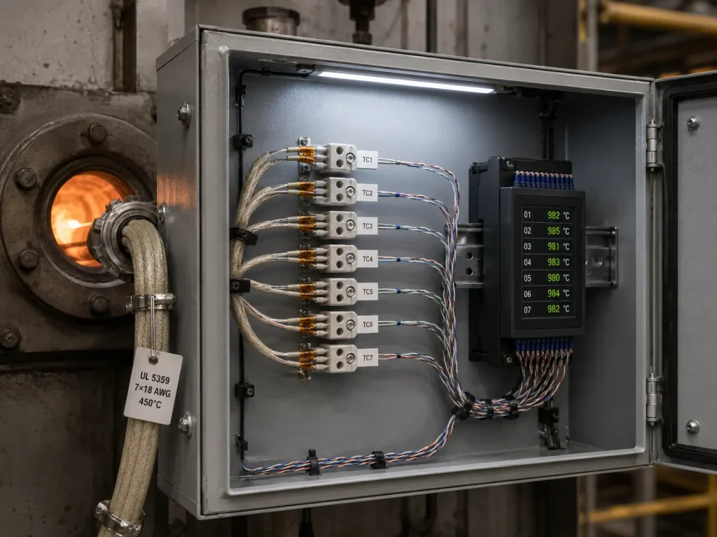 UL 5359 mica wire multi-conductor cable assembly routed inside industrial heat treatment furnace instrumentation panel
