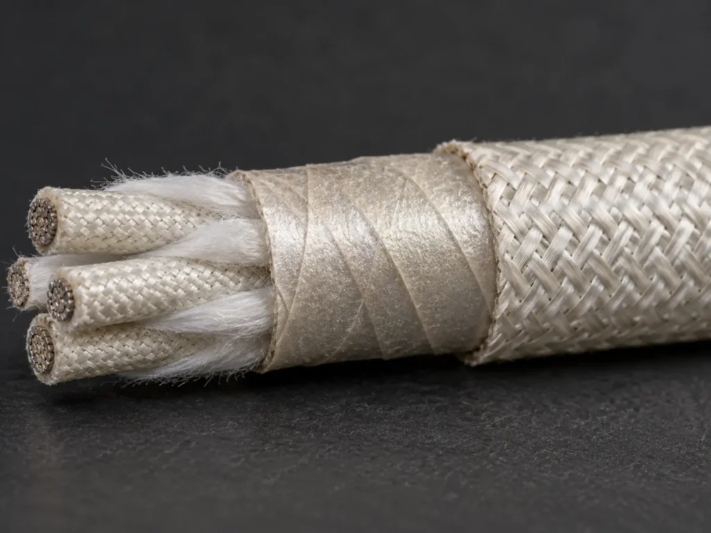 Macro side view of UL 5359 assembly with overall braid trimmed back to show binder wrap and braided conductors