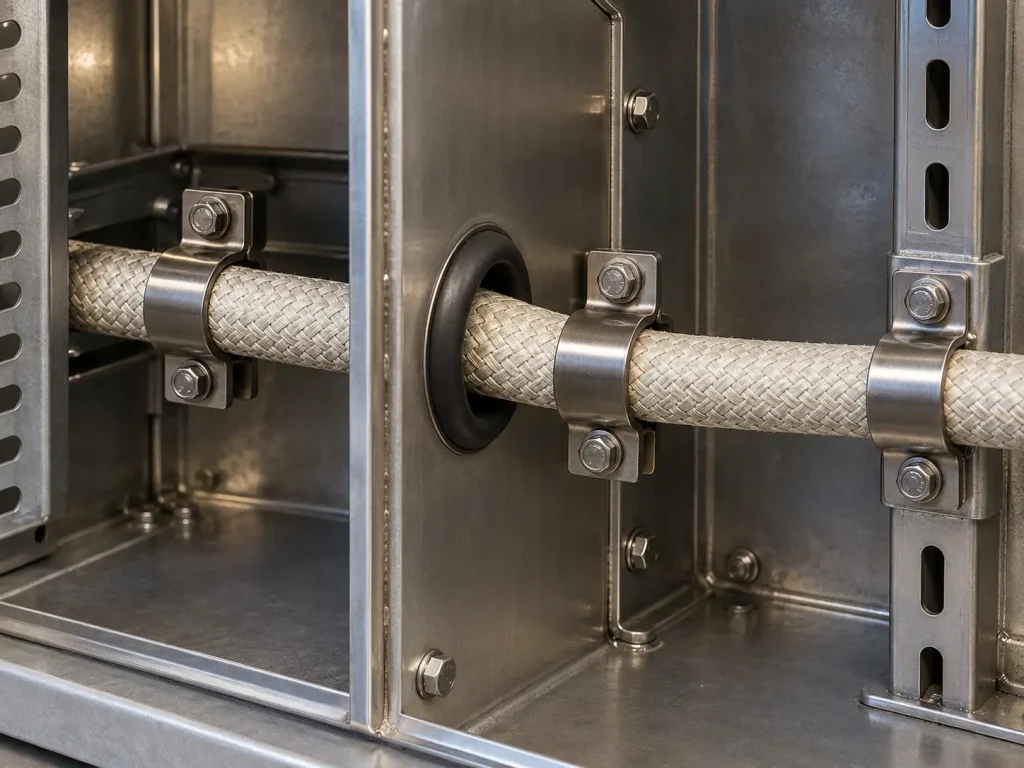 UL 5359 multi-conductor mica cable fixed through an internal bulkhead on a protected static route
