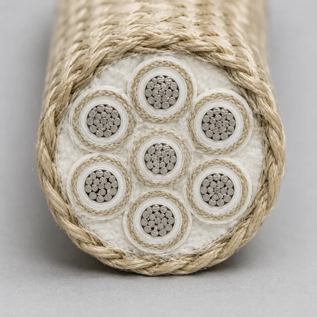 UL 5359 real macro cross-section showing 7 mica-insulated conductors in cable assembly