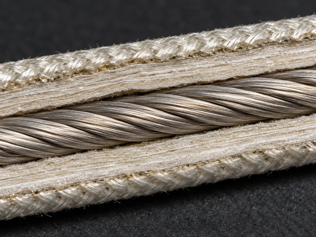 Macro longitudinal section of UL 5360 wire showing stranded conductor, mica tape layers and glass braid in profile